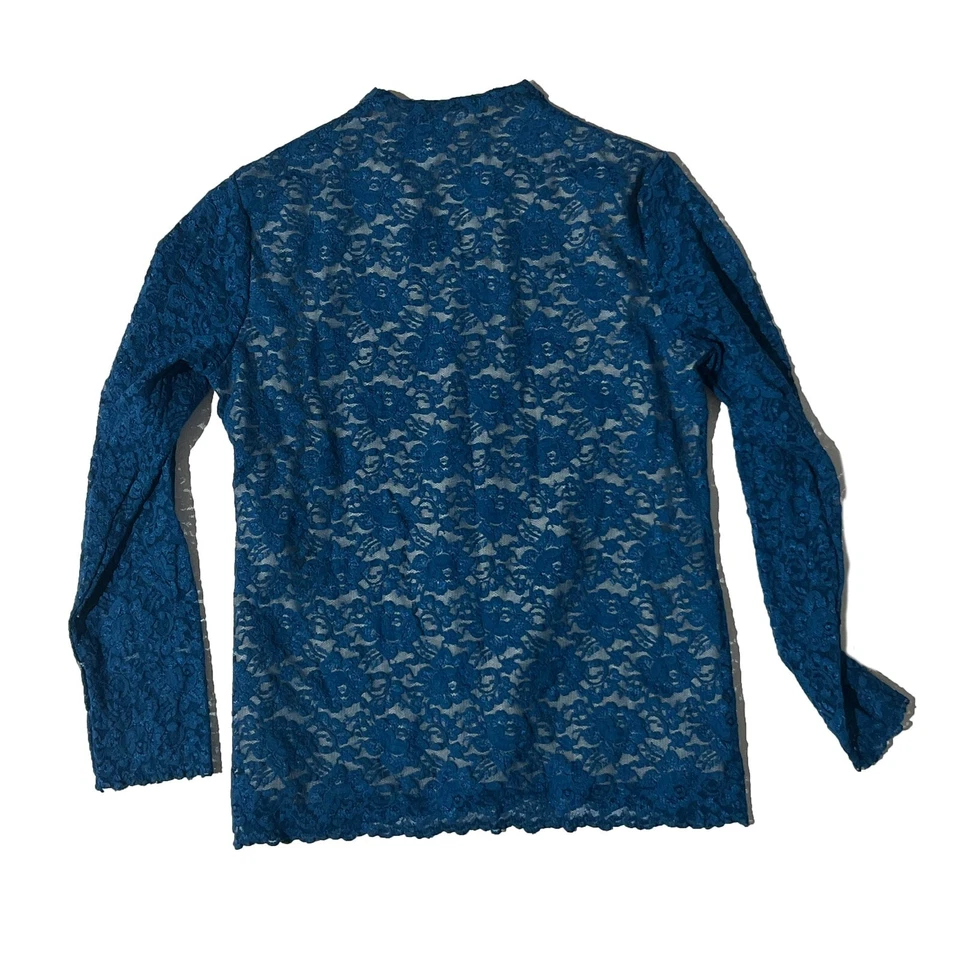 Женская блуза Dialogue синяя кружевная прозрачная с длинными рукавами с цветочным узором размер Small - Изображение 2 из 4