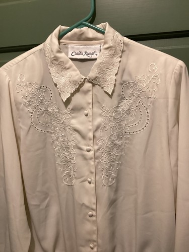 Vintage Claudia Richard Ivory Embroidered Floral Long Sleeve Blouse Size 10 - Picture 2 of 16