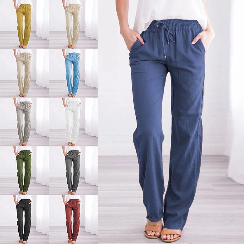 Women Linen Trousers Summer Spring Long Pant Ladies Elastic Waist Pcket  Bottoms