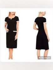 Talbots Black Ponte Shift Dress 4 White Fringe Trim Womens casual work wear