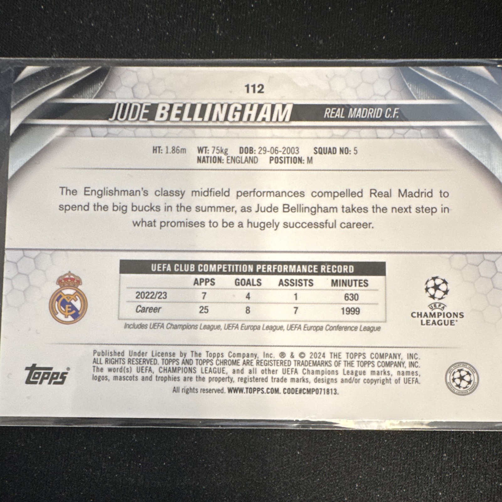Topps 2023-24 Chrome Jude Bellingham Real Madrid #112 Prism Refractor view 2