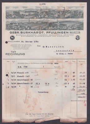Rechnung Burkhardt Pfullingen Wäscherei Pfullingen Sportflanell Mode 1930