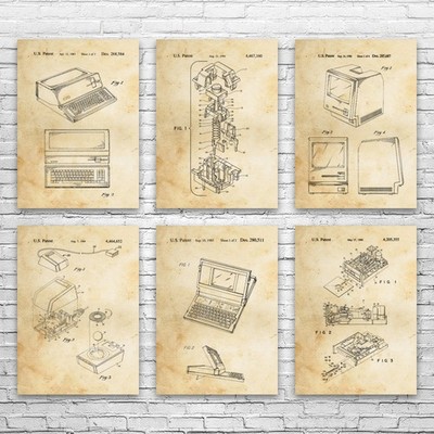 Retro Computer Patent Wall Art Set of 6 Poster, Canvas or Framed Computer Decor