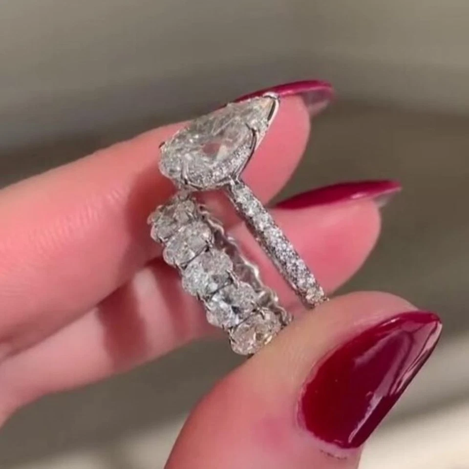 12.50CTW Pear VVS1 Moissanite Engagement Bridal Set Ring In 14kWhite Gold Plated - Image 3 of 4