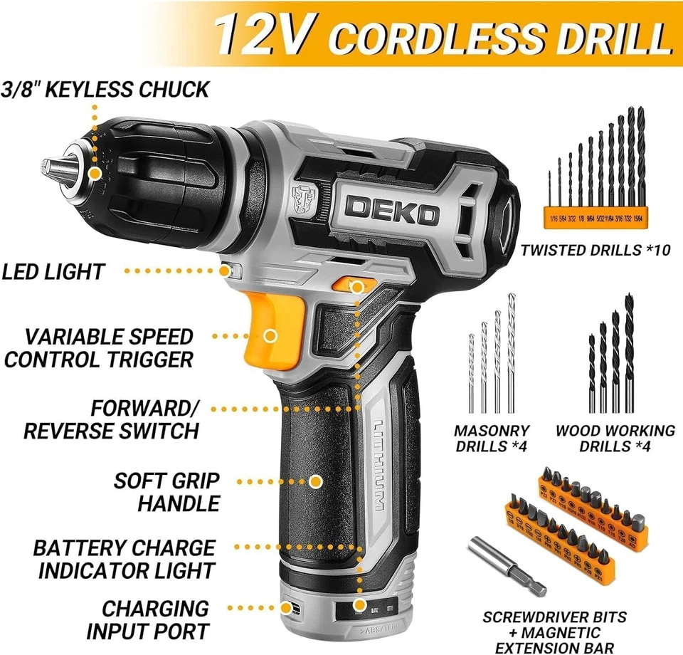 Power Drill Tool Set Kit: DEKOPRO Cordless Box with 12V Battery...  - Image 3 of 4