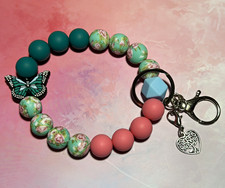 Pink Teal Butterfly Beaded Keychain Wristlet w/ Lobster Clasp, Heart Charm