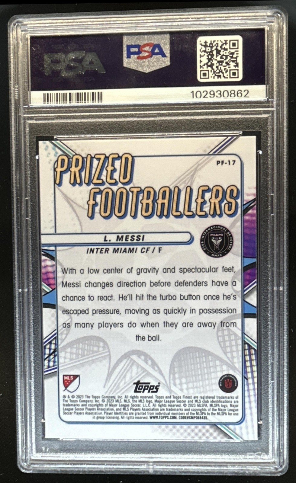 2023 Topps Finest MLS Lionel Messi Prized Footballers #PF-17 Inter PSA 10 view 2