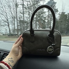 Michael Kors Olive Green Small Satchel Bag with Logo Charm and Double Handles