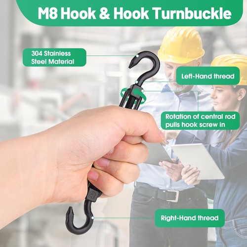 2PCS M8 Hook & Turnbuckle 304 Stainless Steel,Black Heavy M8-2P, Black  - Afbeelding 3 van 7
