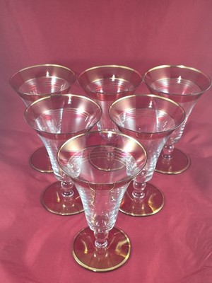 Tiffin Crystal Ruby Red Stain & Gold Wine Water champagne glasses Set Of 5
