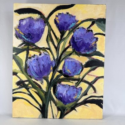 Original Art Purple Flowers Green Stems Yellow Background on Canvas Signed 16x20