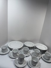 Fine China Set Of 30 Pieces White On White Floral Silver Trim Vintage