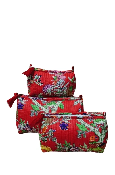 Indian Red Bird Print Cotton Quilted Toiletry Purse Cosmetic Storage Bag Of 3 Pc