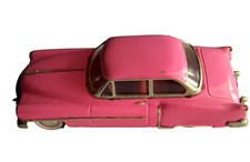 Vintage Auto Deluxe Diecast 1950 Pink Cadillac Sedan Friction Metal Toy Car