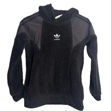 Adidas Youth Sherpa Hoodie Black Fleece Pullover 11-12Y Trefoil Logo Hooded