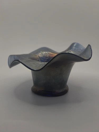 Fenton Holly Carnival Glass Violet Vase Hat  Blue Base Ruffled Edge READDISCRIPT