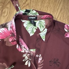Express Burgundy Pink Green Floral Shirt Dress Collared Cap Sleeve Belted S
