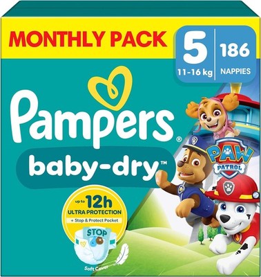 Pampers Baby-Dry Paw Patrol Edition Size 5, 186 Nappies, 11kg-16kg, Monthly Pack