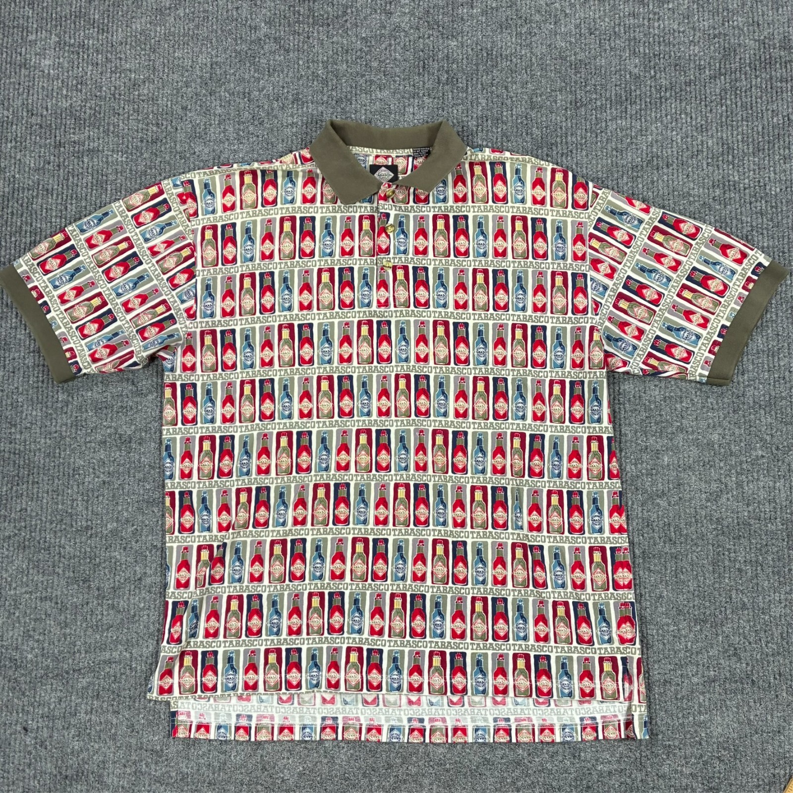 Vintage TABASCO Hot Sauce All Over Print Polo Shirt Mens XL Golf 100% Cotton
