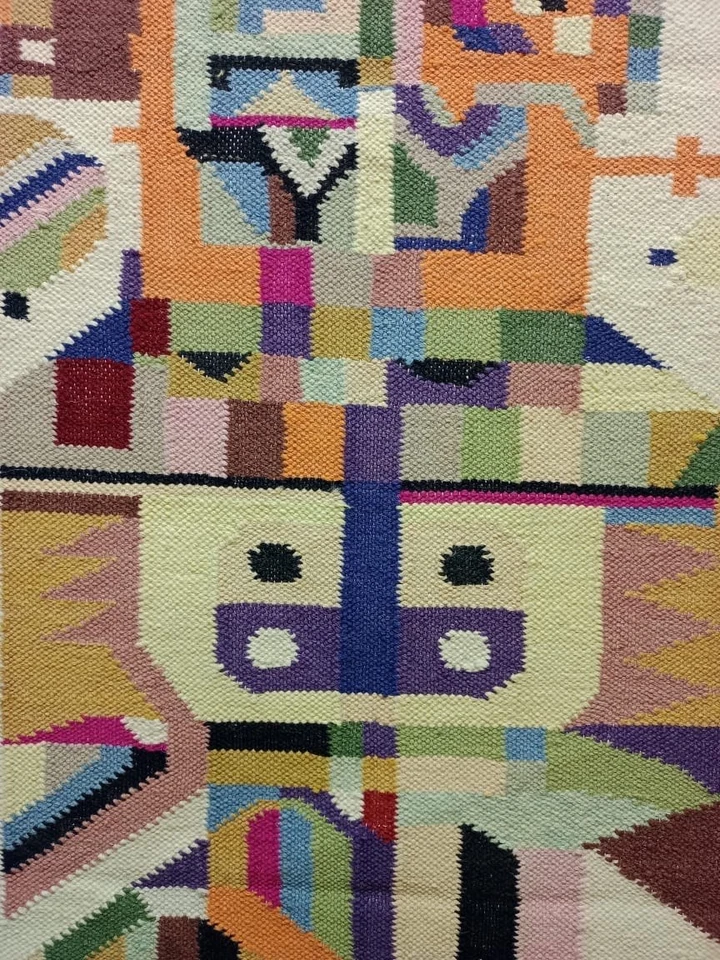 Vintage Beautiful Hand Woven Art Abstract Geometric Design Wool Rug Kilim 157x76 - Image 3 of 4