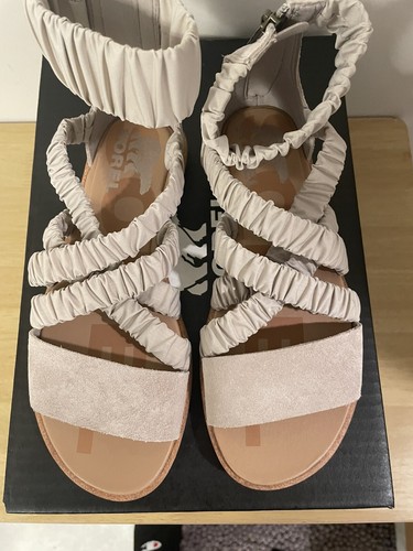 Sorel Women's Cameron Platform Ankle-Strap Leather Sandals Soft Taupe White 5.5 - Picture 3 of 3