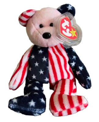 TY Beanie Baby ''SPANGLE'' der amerikanische Bär rosa Kopf Version nicht mehr produziert guter Zustand