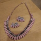 VINTAGE STUNNING PINK MILK GLASS CLEAR RHINESTONE NECKLACE  EARRING SET RETRO — photo 1