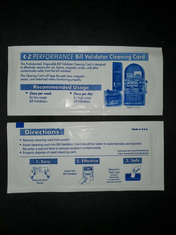 WONDERCARD 2 UNIVERSAL EZ Dollar Bill Validator Acceptor Cleaning Cards MARS COINCO CONLUX