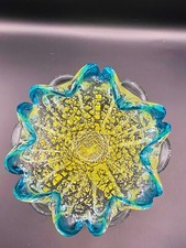 Vintage Italian Unsigned Murano Art Glass Bowl Teal w/Gold Flecks  8"