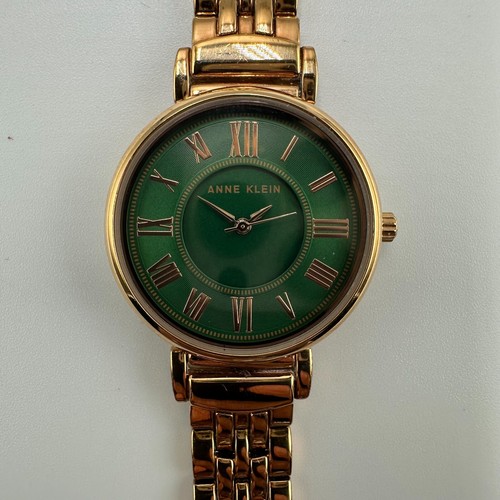 Anne Klein Watch Women Rose Gold Tone Green Round Dial New Battery 7 Inch