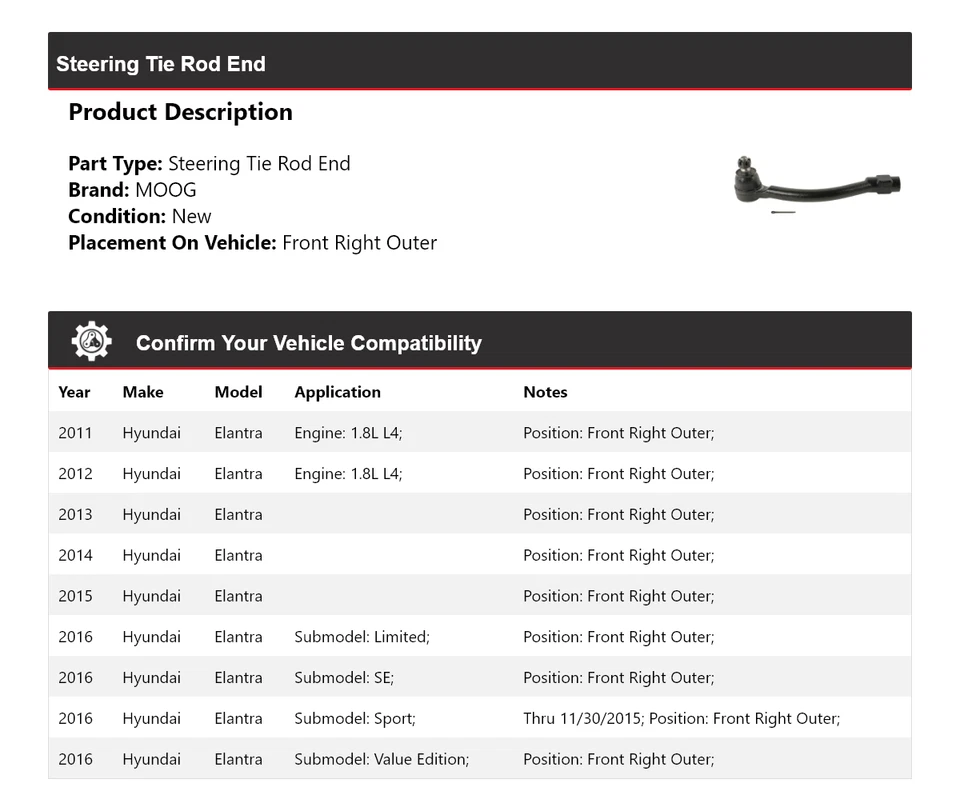 Extremo de barra de dirección delantero derecho exterior MOOG 2011-2016 Hyundai Elantra Foto 2 de 4