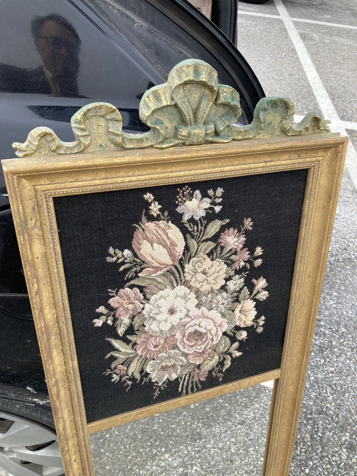 "Tapiz rosa grande espejo Trumeau francés 38x15"" marco dorado y tapa Verdigris" Foto 2 de 4