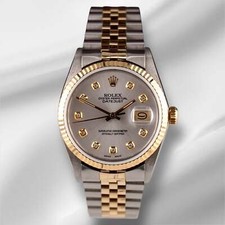 Rolex Datejust 36mm 18k YG & Steel Fluted Silver Diamond Dial Watch 16013