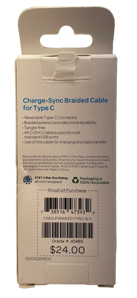 AT&T Charge-Sync Braided Cable 4ft for Type-C Devices, Silver - Image 3 of 4