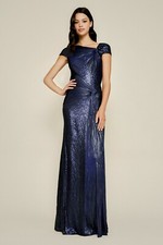 TADASHI SHOJI Midnight Navy Blue PARMA Pintuck Sequin Jersey Grecian Gown M 8