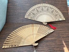 2 Vintage 14  x 8" Hand-Carved Wooden Folding Hand Fans Handmade Butterfly