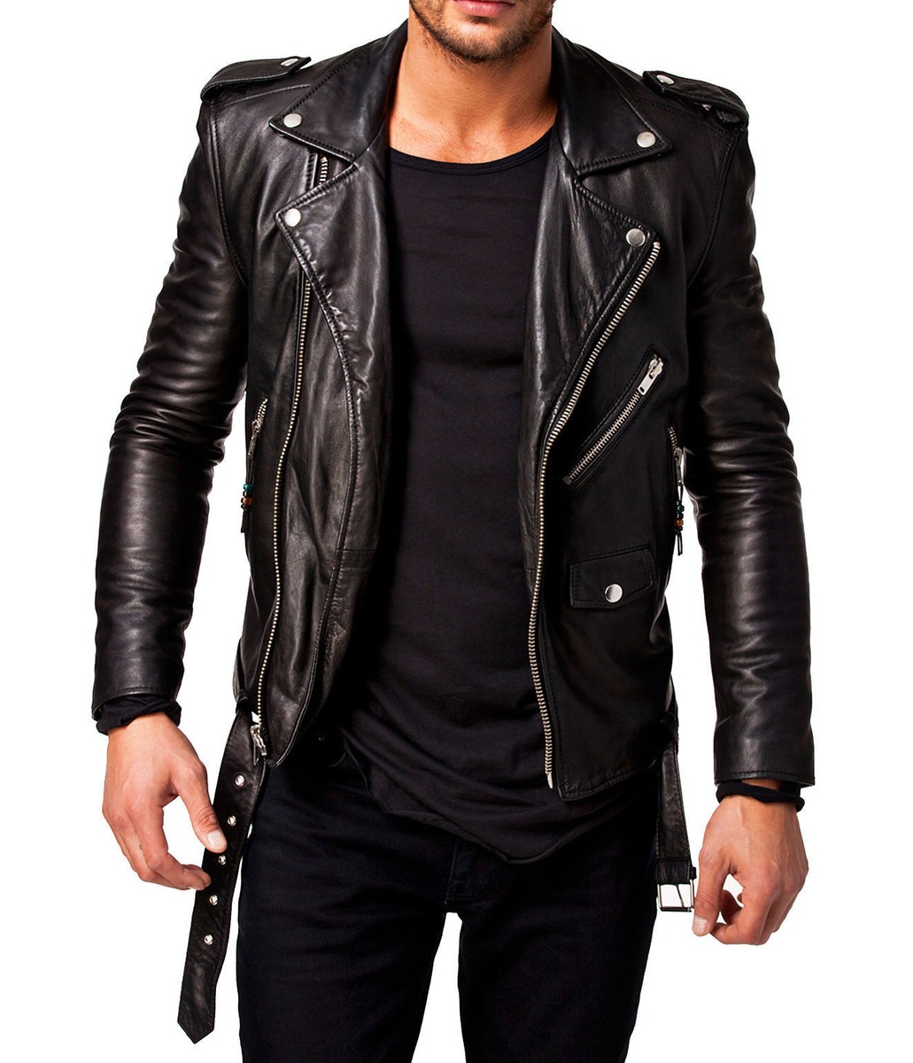 Men Leather Jacket Black New Slim fit Biker genuine lambskin real