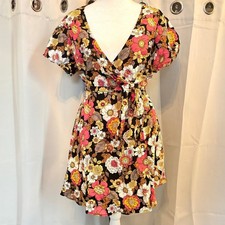 Forever 21 Women Mini Dress Small Floral Linen Blend Wrap Retro 70s Spring 20419