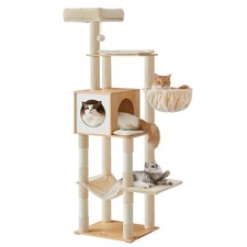 Cat Tree 65 Inch Tall Multi Level Condo Almond Yellow UPCT118Y01 Feandrea Tower