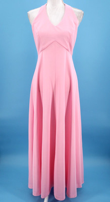 Vtg Women's 70s Bubblegum Pink Polyester Maxi Dress W/ Halter Top S/M 1970s