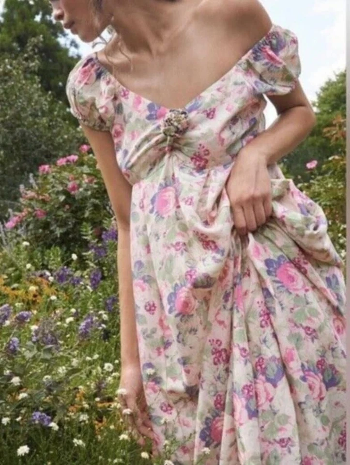 LoveShackFancy GILVERY Floral VEILED KISS PINK Cotton Maxi Dress Gown Sz 2 - Image 4 of 4