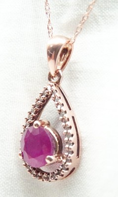 Gorgeous 14 K Rose Gold Ruby & Diamond Halo Tear Drop Pendant 18  Necklace