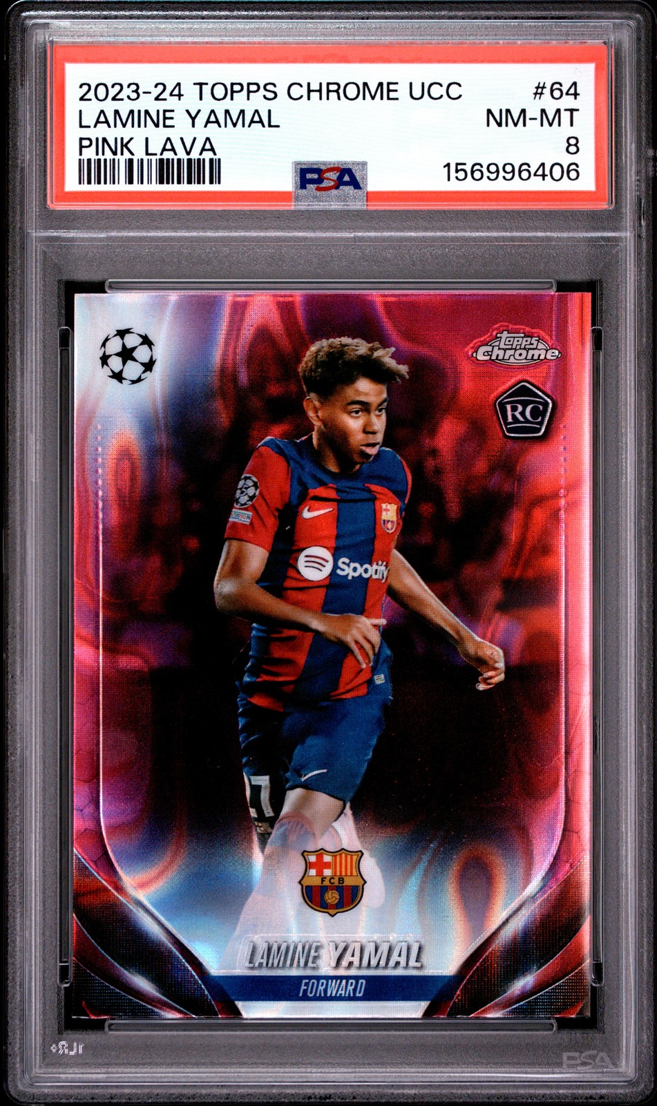 2023-24 TOPPS CHROME UEFA CLUB COMPETITIONS PINK LAVA #64 LAMINE YAMAL PSA 8