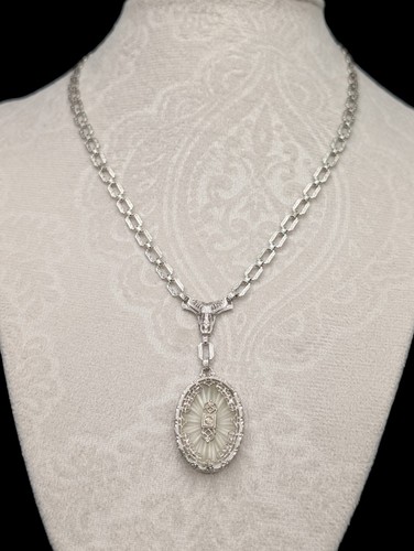 Art Deco Frosted Camphor Glass Silver Tone Rhodium Plated Vintage Necklace 15" - Afbeelding 17 van 18