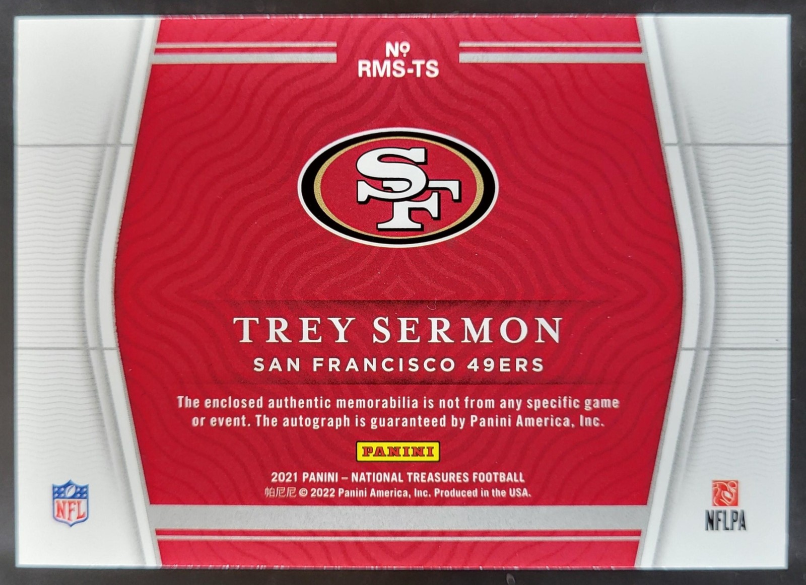 2021 Panini National Treasures Trey Sermon NFL Shield Red 1/1 MEM Auto RC AL2 view 2