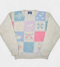 Vintage Woolrich Sweater Womens Large Grey Wool Plaid Sheep Floral Crewneck