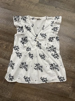 LOFT Womens Eyelet Flutter Henley Mixed Media Top Size XS Blue White Cotton