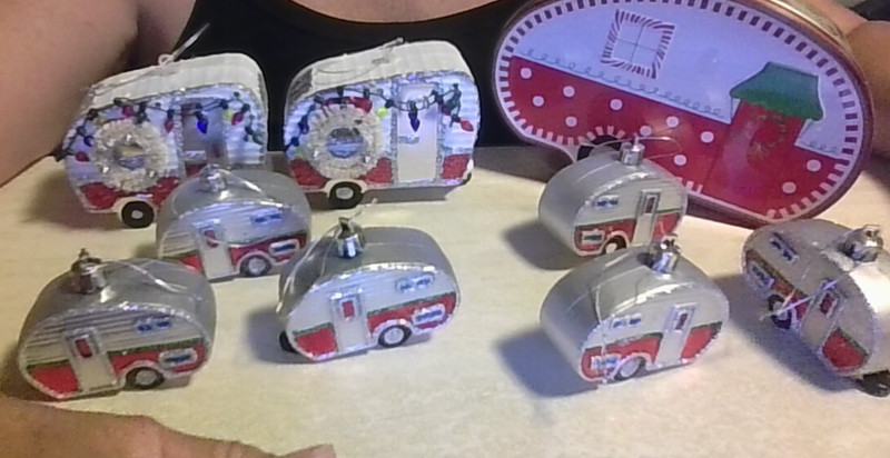 8 FANCY Camper Ornaments & 1 UNUSED Camper Lid Container Great Christmas Stuff!