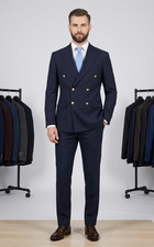 Men's Luxury Double Breasted Suit - Navy Blue Gold Buttons - Sizes 36-48 - NWT