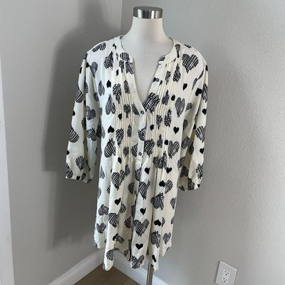 Melissa McCarthy Seven7 Womens Plus 3X Black White Heart Tunic Top Pleated